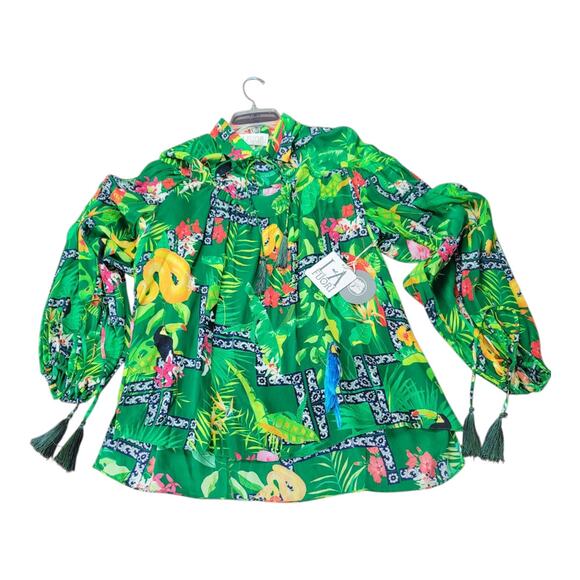 La Fuori Bela Fuori Tropical Silk Top Green‎ Long Sleeve Tassel Women's XL - Picture 11 of 14